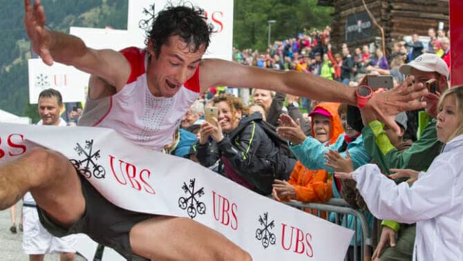 Kilian Jornet celebrates his 2015 Sierre-Zinal victory in style. (Photo courtesy of Salomon Running.)