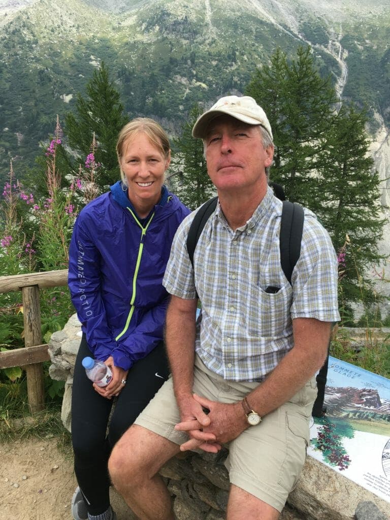 Sarah with her dad in Chamonix.