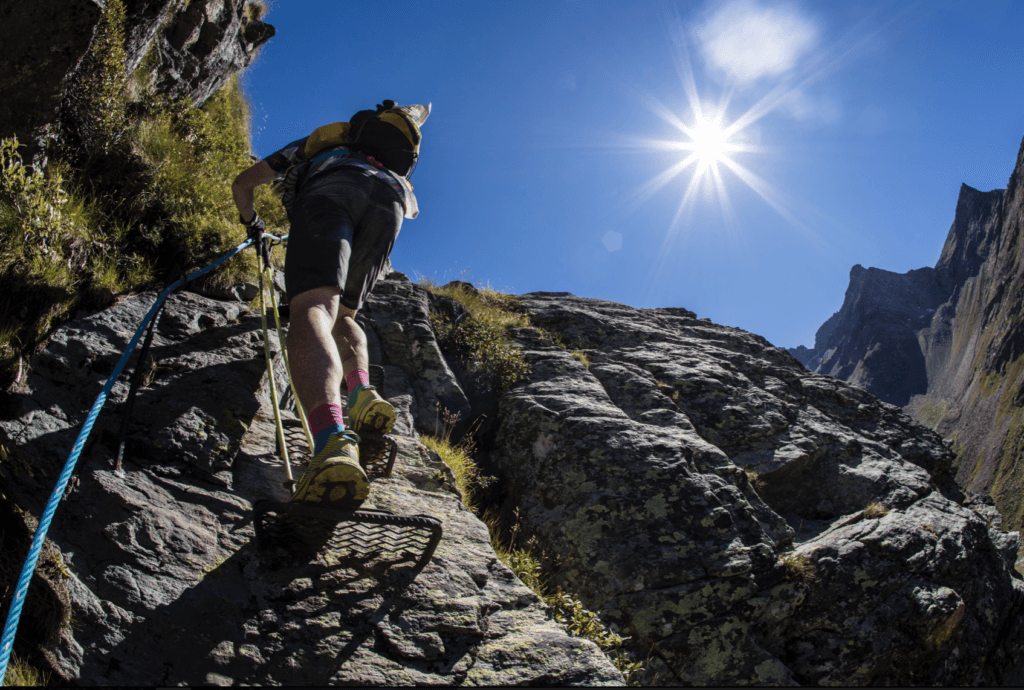 Technical, exposed sections on the Tor were secured with fixed lines, here at the Col di Valcornera.