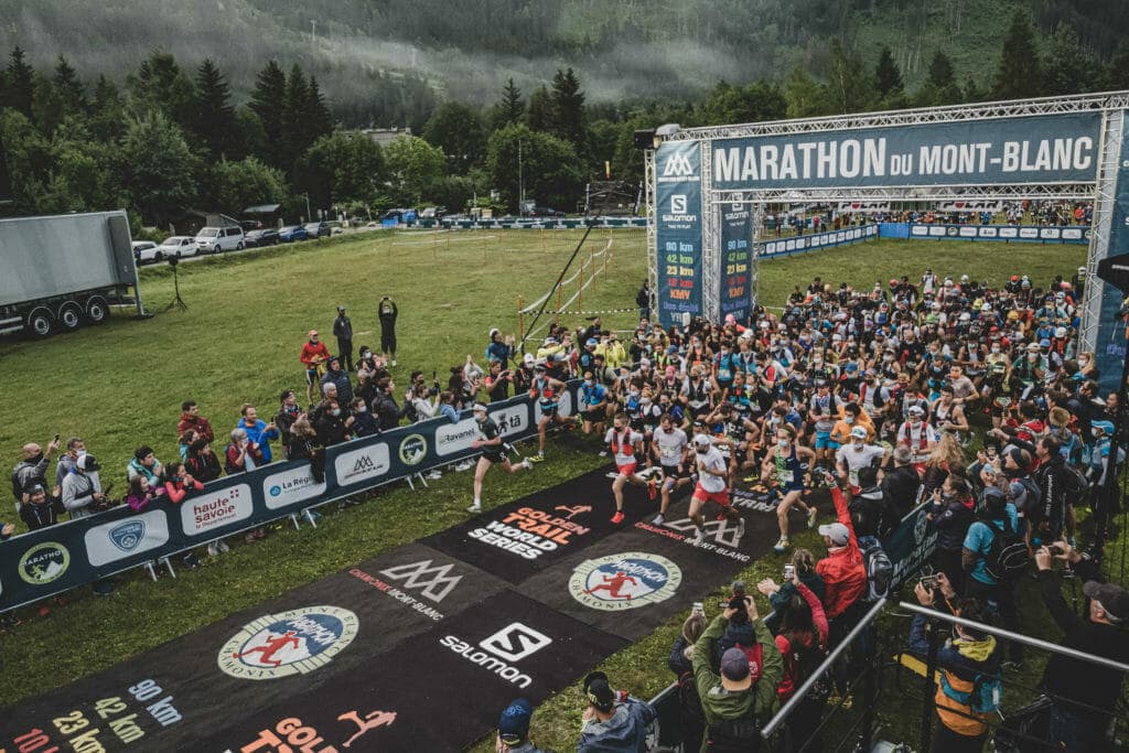 runners leaving the start of the Mont Blanc Marathon.