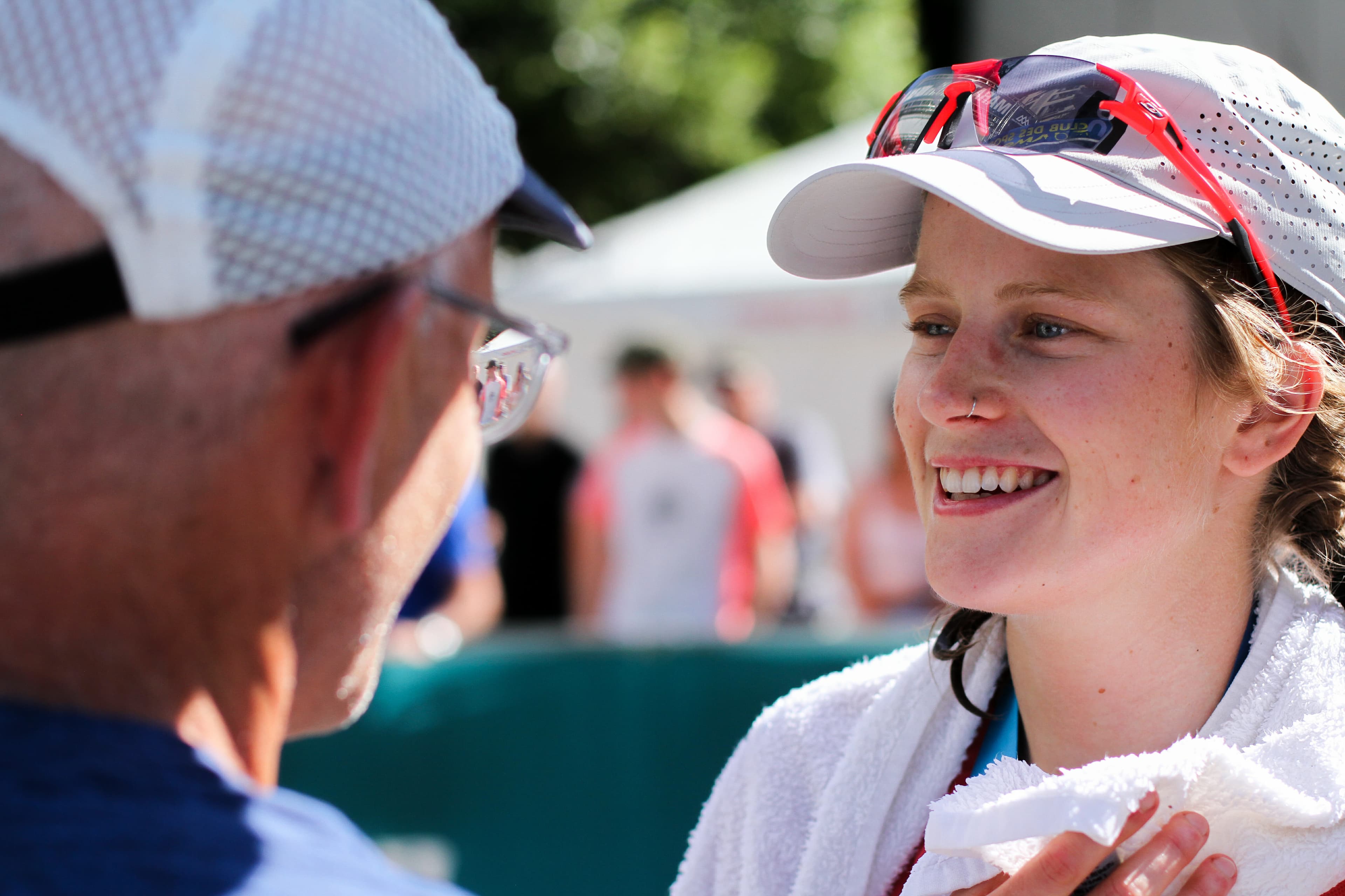 Katie Schide and Doug Mayer talking after Katie's win of 2019 90k du Mont Blanc (Photo: Chase Willie)