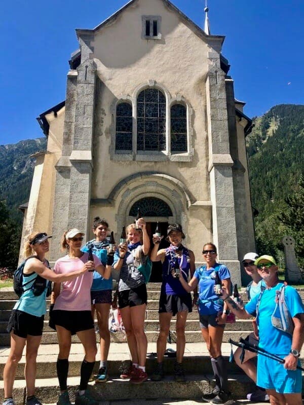 Enjoying some beers at the end of our trip - the official UTMB® finish in Chamonix (Photo: Doug Mayer).