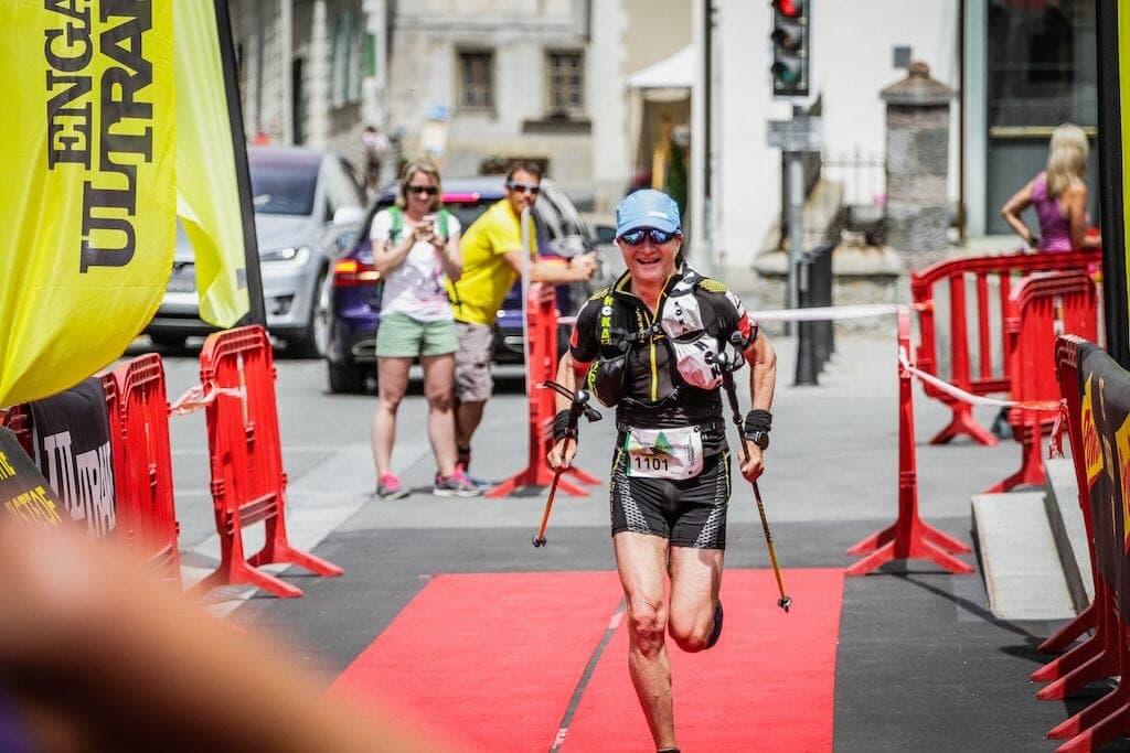 Roberto Rivola crossing the finish line of Engadine Ultraks