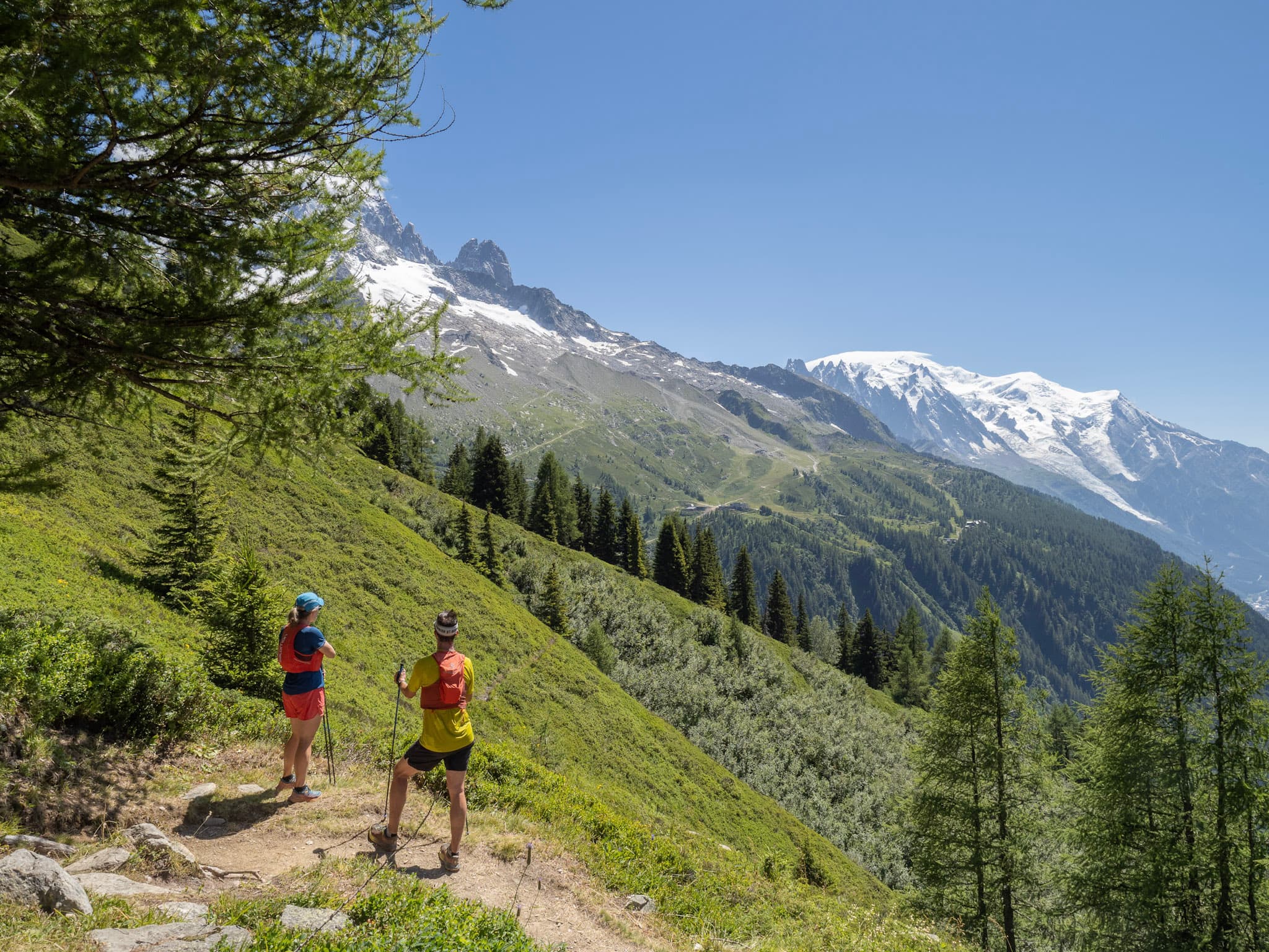 Two runners stop to take in the view of Mont Blanc just above treeline