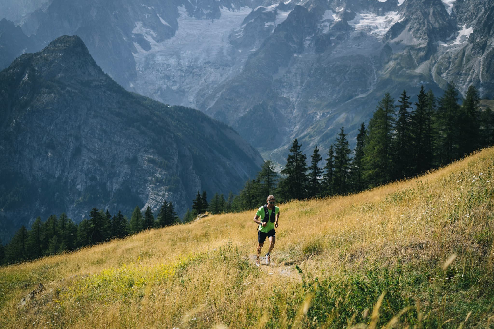 Runner runs single track through grassy frail with forest and mountains in the background