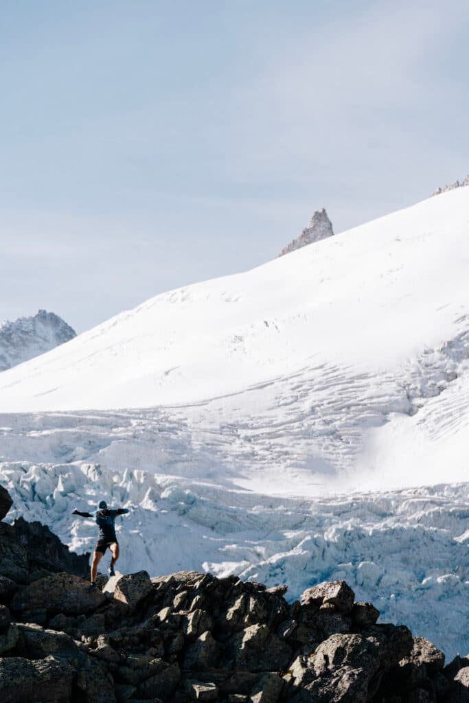 Moving smoothly down rocky terrain in a section of downhill running trail