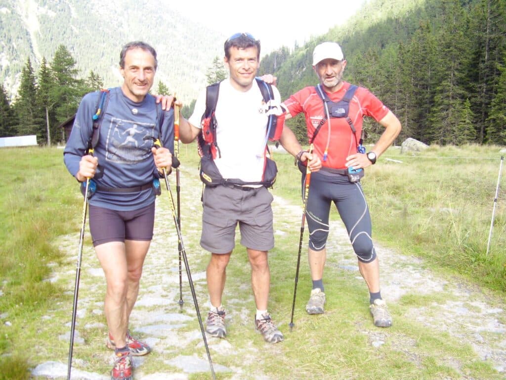 Exploring a possible route for UTMB’s 300-kilometer long PTL, which changes its course every year. L to R: UTMB Co-Founder Michel Poletti, Pietro Trabucchi, and Alberto Motta