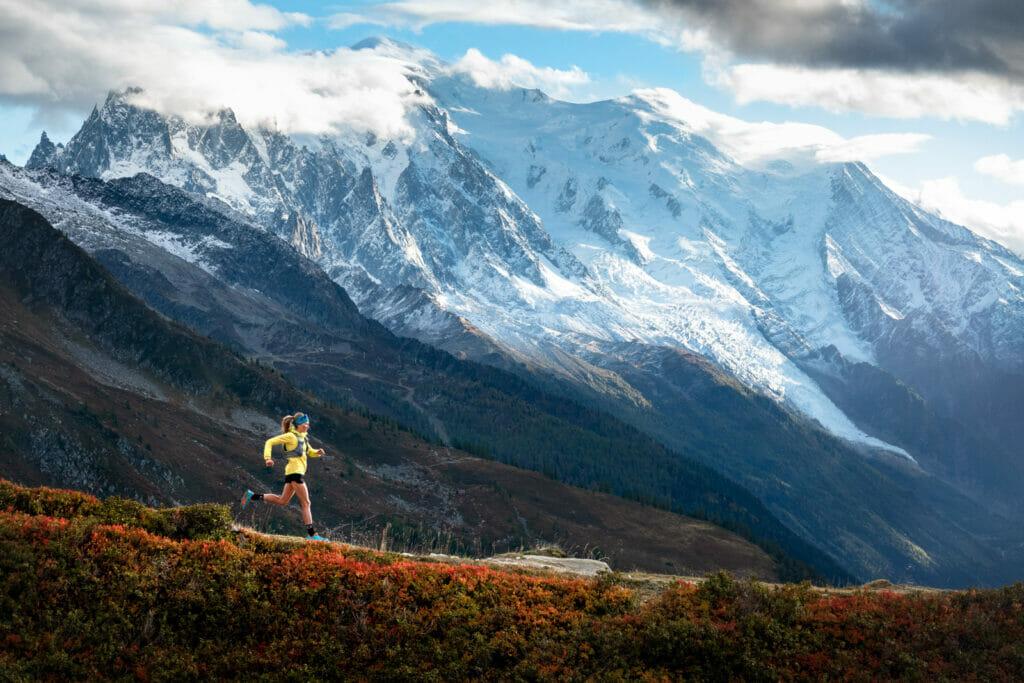 Fall trail running in the Alps above Chamonix, France