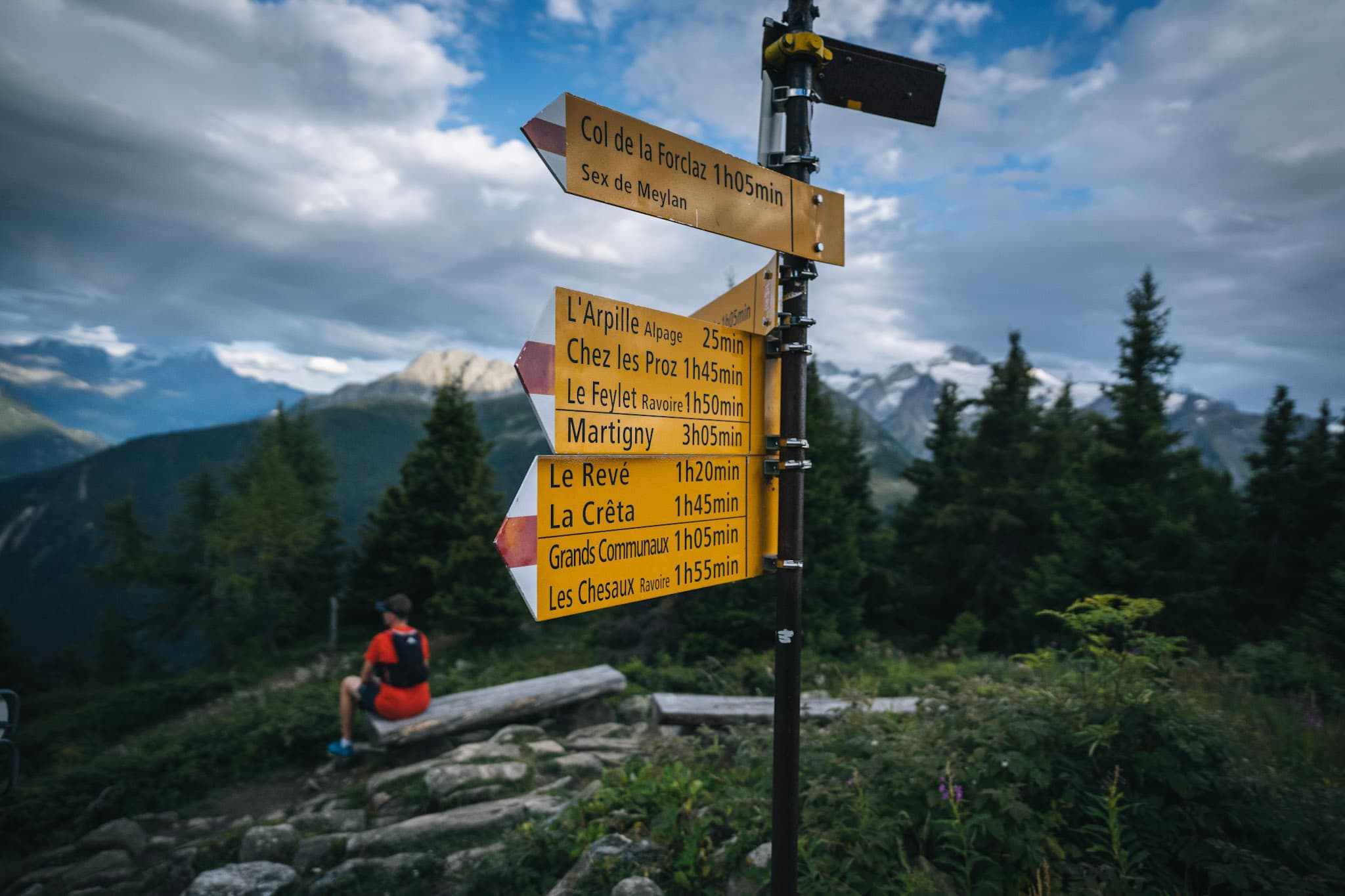 hiking signposts with runner sitting taking a break