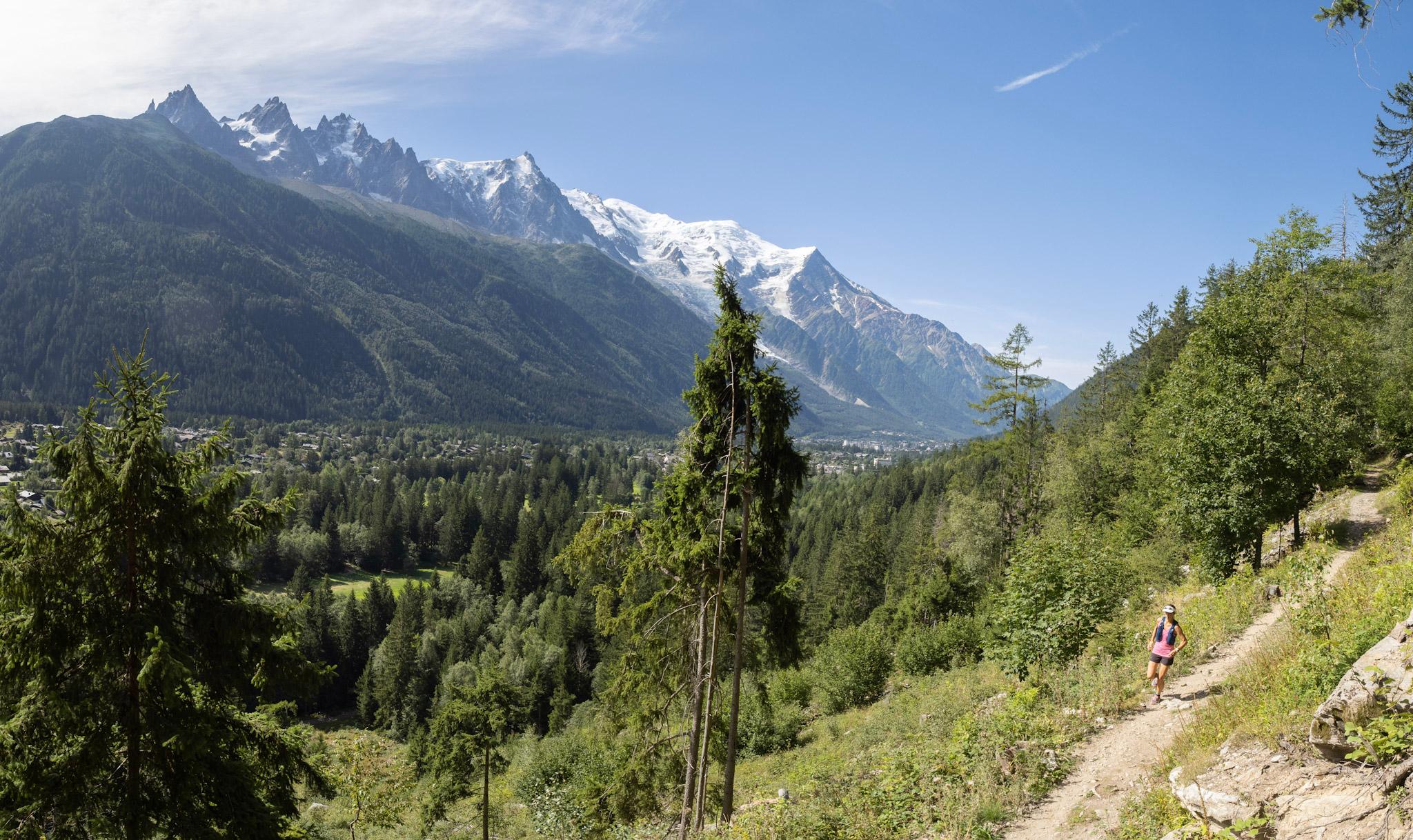 Photo - Dan Fitzgerald Runner runs along Singletrack with Alpine mountains in background