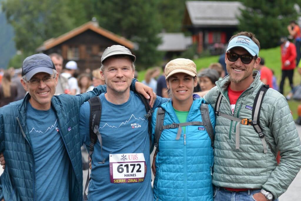 After the Sierre-Zinal race, arguably one of the most famous trail races in the world. Special thanks to Troy Haines, aka # 6172. His company, Alpinehikers, is a vital partner for Run the Alps. To Troy's right, Doug Mayer. To his left, Run the Alps' and Alpinehikers guides Abby Strauss-Malcolm and Zach Dahlmer. (Photo courtesy of Cédric Pignat.)