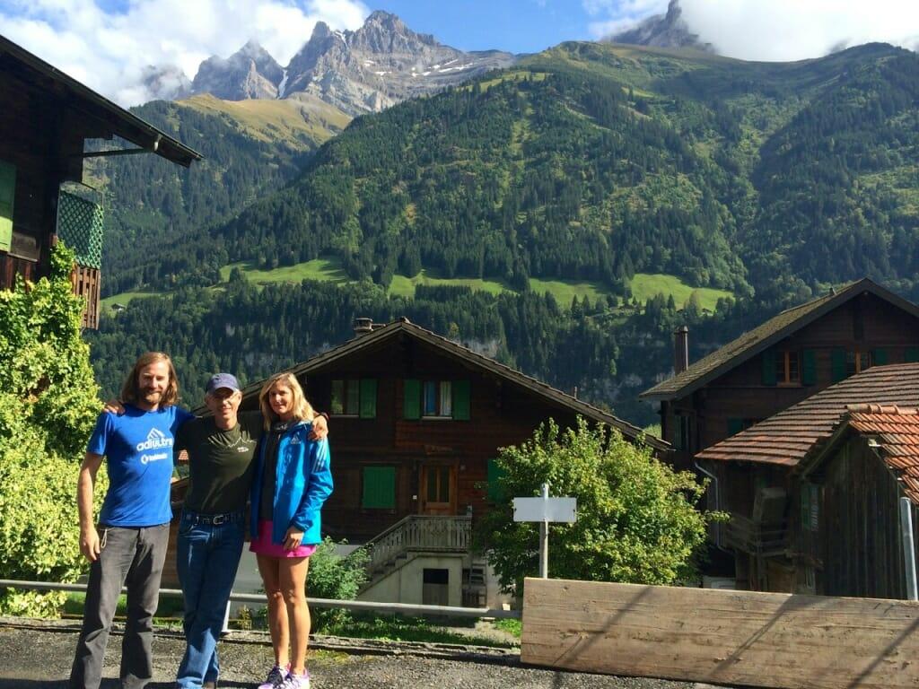 Before the race: Brian Tinder, Run the Alps' Doug Mayer, and Connie Gardner relax in Champéry. The first section of the race route is behind them... 1,000 meters higher.