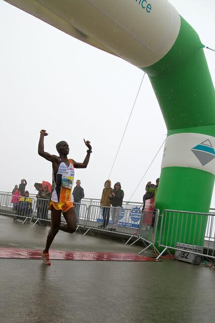Thyon-Dixence offers as competitive a field as any trail race in the Alps. Here, Isaac Kosgei from Kenya crosses the finish line, in a time of 1:09:52.