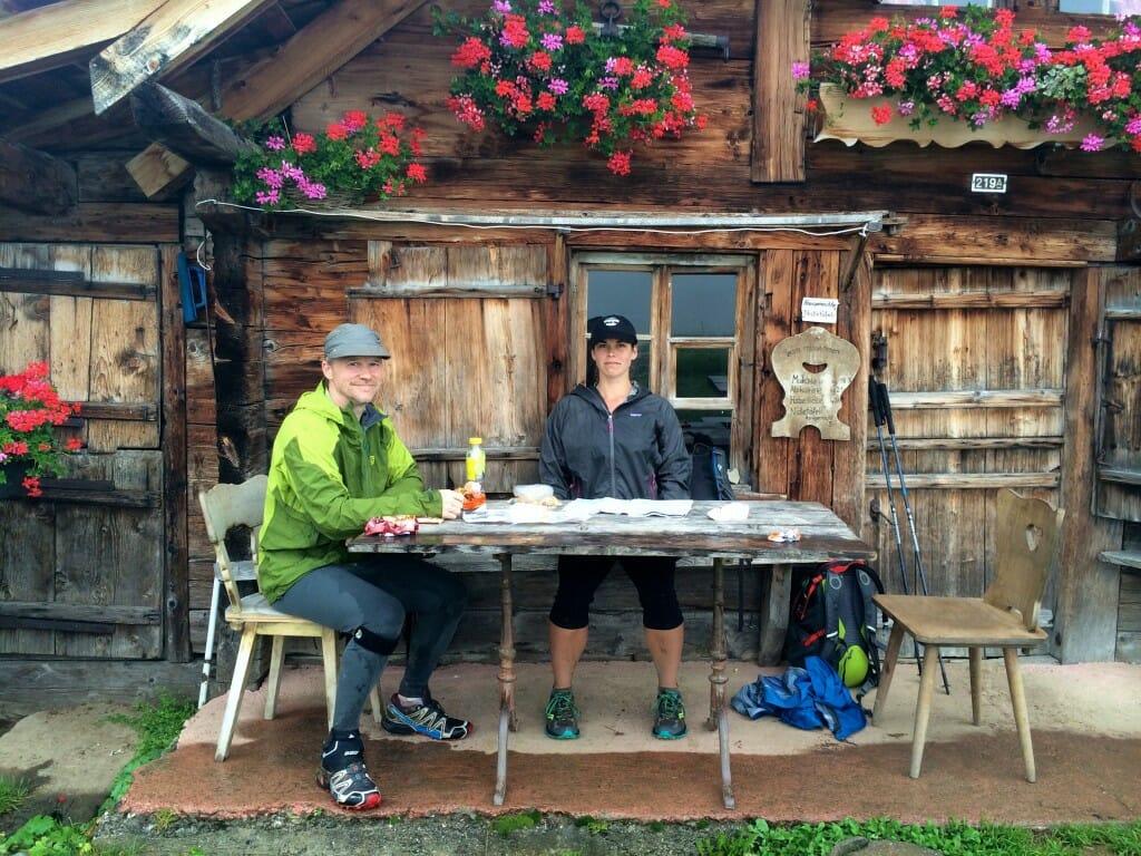 Alpinehikers owner and guide, Troy Haines, and Run the Alps/Alpinehikers guide Abby Strauss-Malcolm take a break during trail running reconnaissance in the Bernese Oberland.