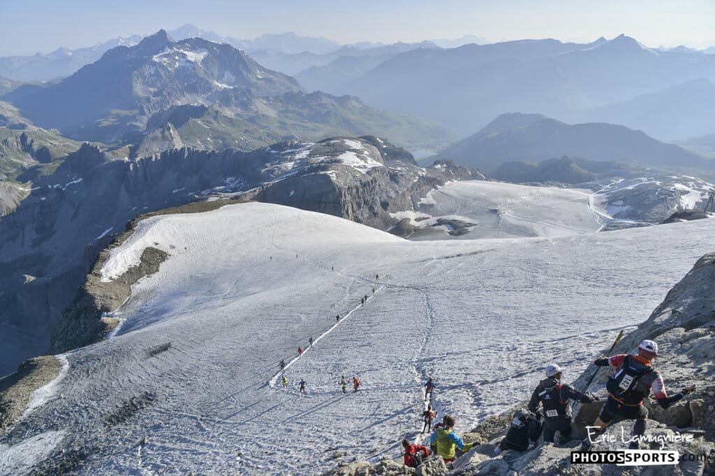 Trail race instructions: Hold on to the chain. Descend to the glacier. Run as fast as you can. (Photo courtesy of Ice Trail Tarentaise.)