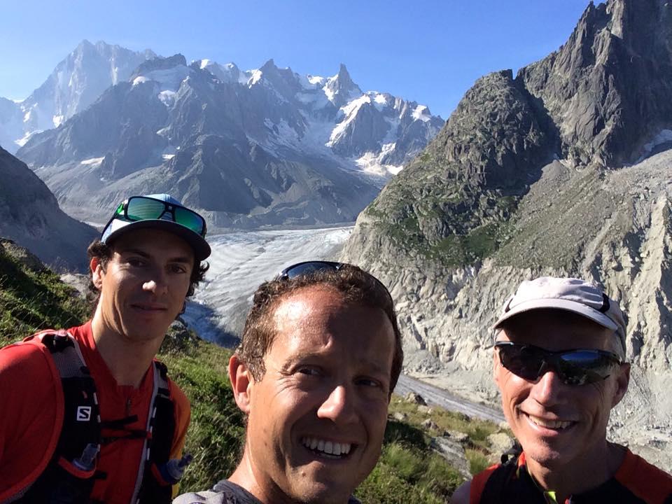 Training with a view. Philippe trail running in the Chamonix valley with Antoine Tavernier and President of Chamonix's trail running club, CMBM, Federico Gilardi.