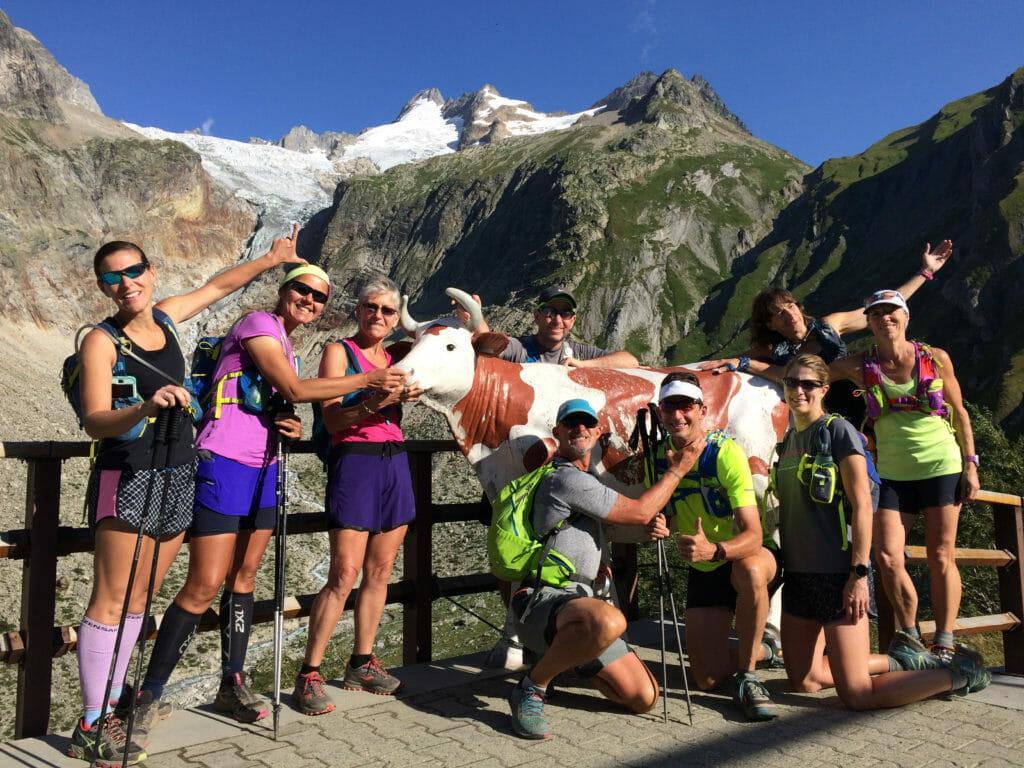 Run the Alps guide Simon and our August Tour du Mont-Blanc crew meet a new bovine friend. 