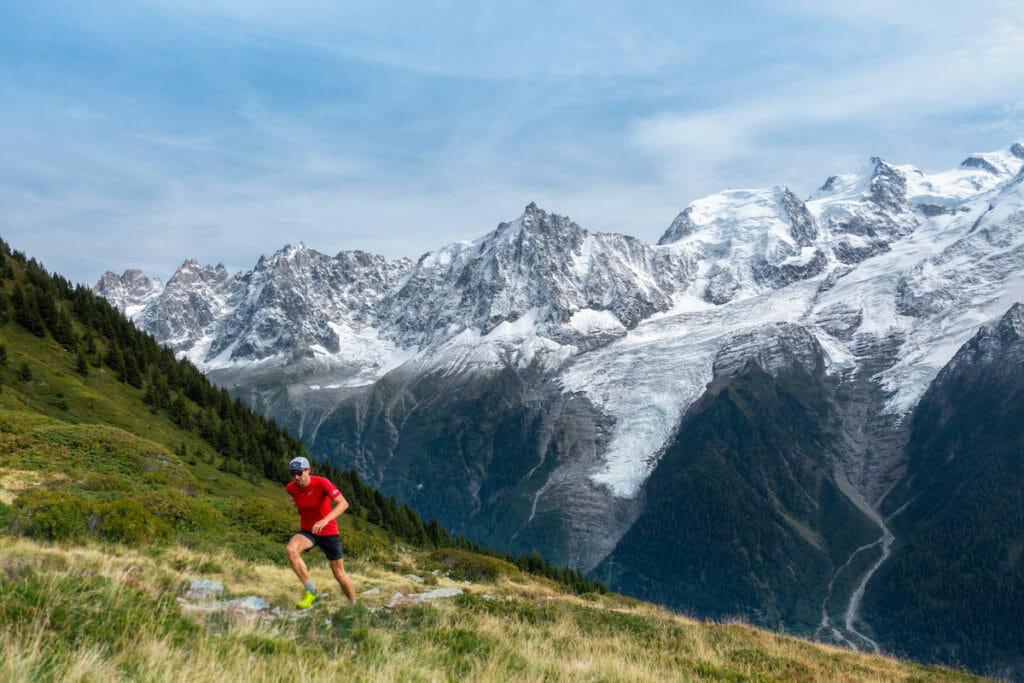 Trail running, Chamonix, Aiguillette des Houches. Above Chalet de Chailloux, opposite the Mont Blanc massif (Photo: Daniel Fitzgerald)