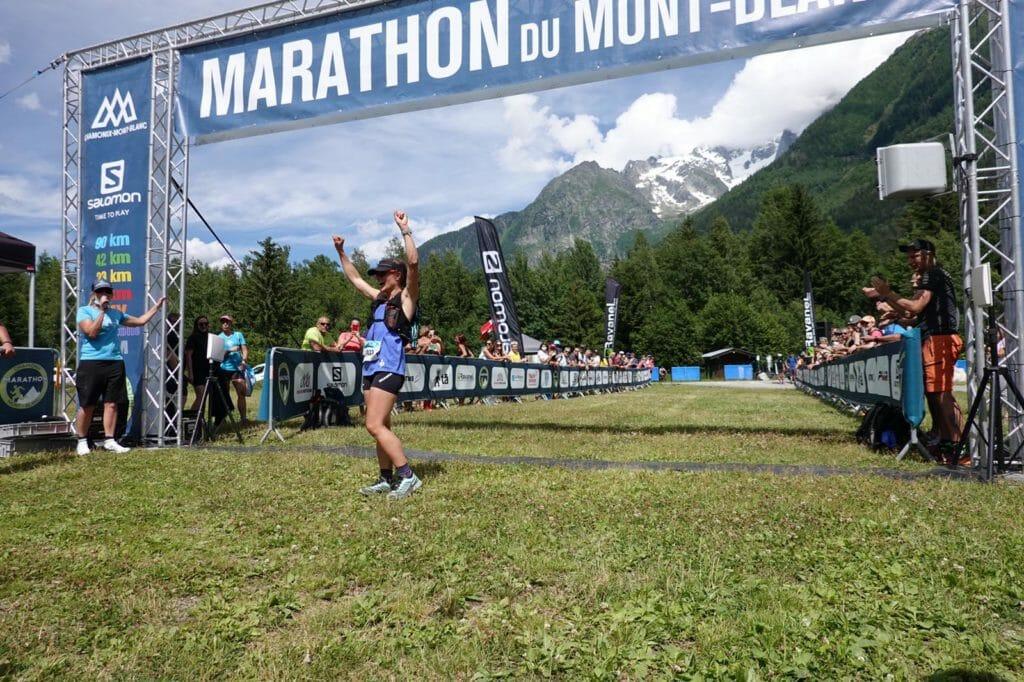 Chamonix's Hillary Gerardi crosses the line at the 90 km race.