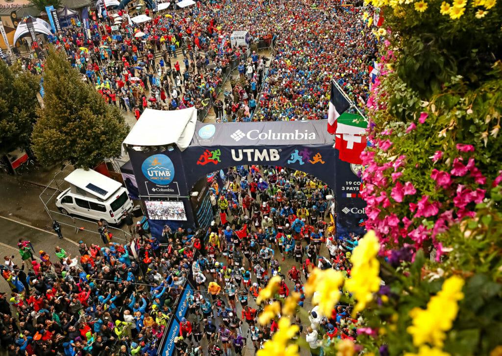 the start of UTMB® as seen from above, with thousand of runners leaving Chamonix, France. 
