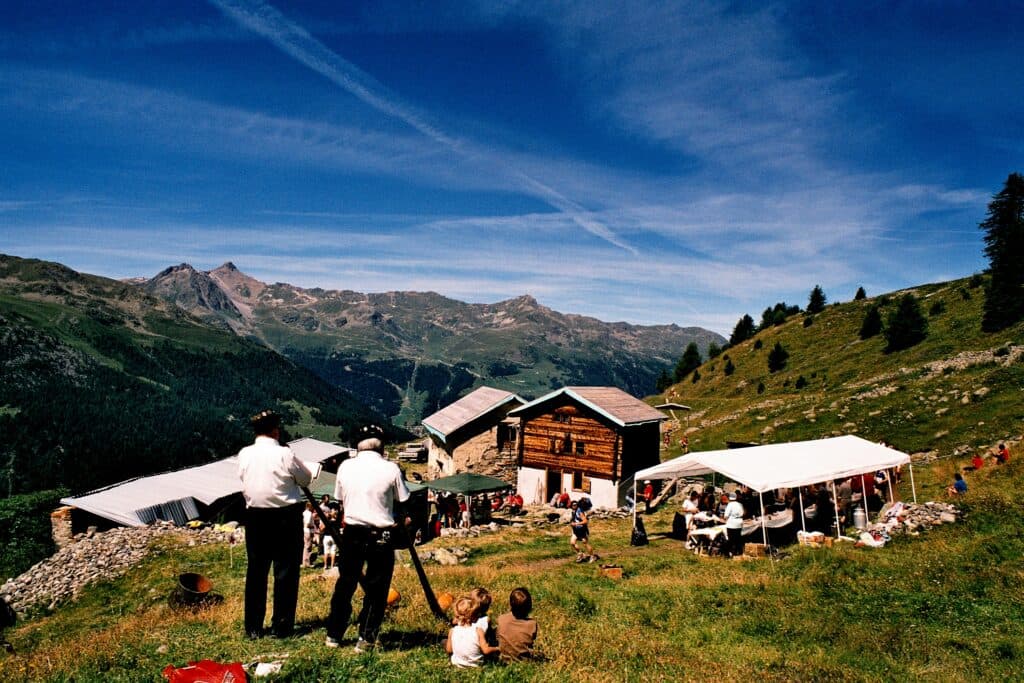 Alphorns outside an aid station at the 2008 Sierre-Zinal
