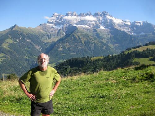 Bruce Shenker takes a break from trail running in Champéry, with the Dents du Midi range in the background.