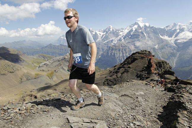 Troy Haines, Owner of Alpine Hikers, tackling the Inferno Half Marathon in Mürren, a trail race with over 2,000 meters of climbing.