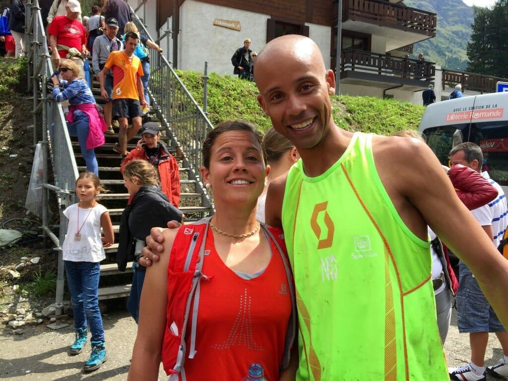 US mountain runners Stevie Kremer and Joe Gray share conversation and smiles after this year's running of Sierre-Zinal