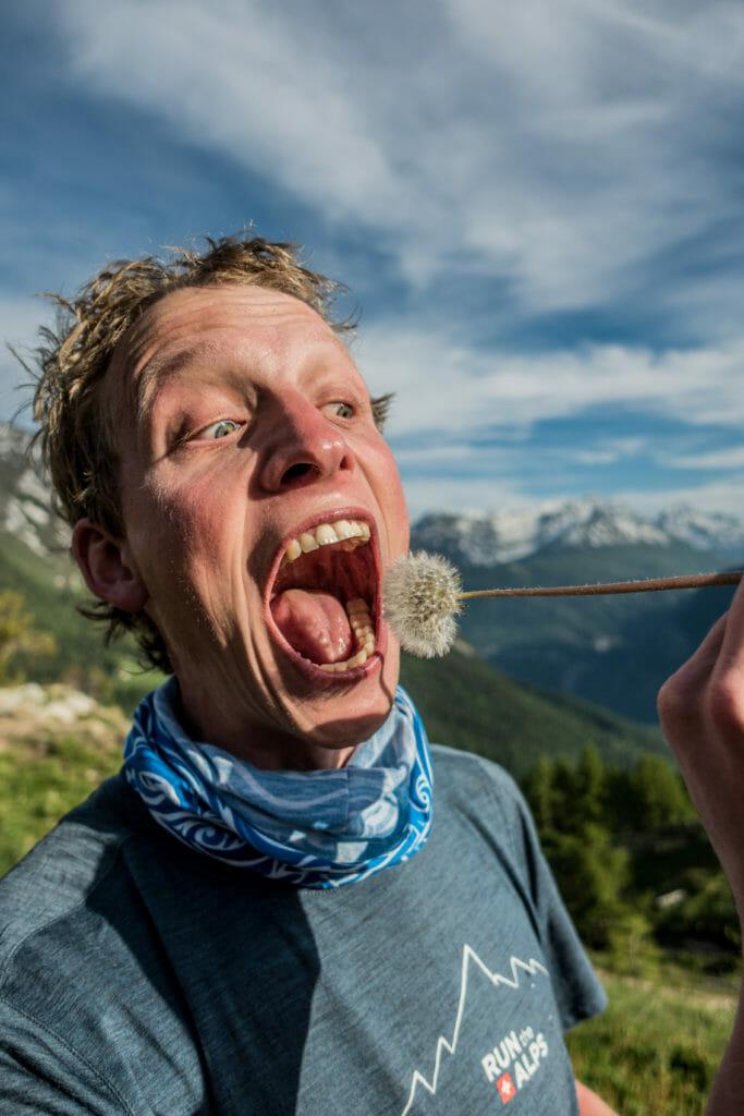 Max Romey eating a dandelion at Bertone hut, Courmayuer. (Photo: Chase Willie) 