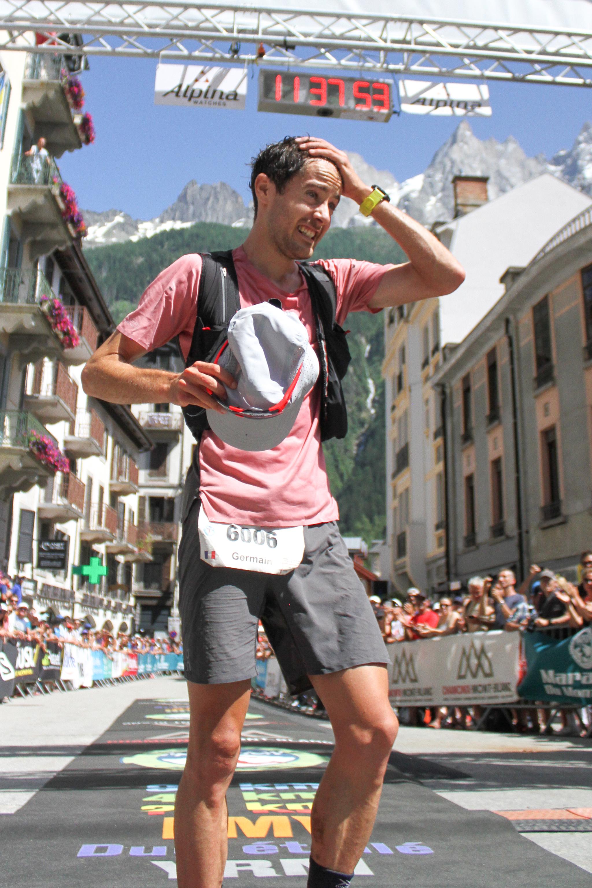 Germain Grangier crossing the finish line at 90k du Mont Blanc 2019 (Photo: Chase Willie)