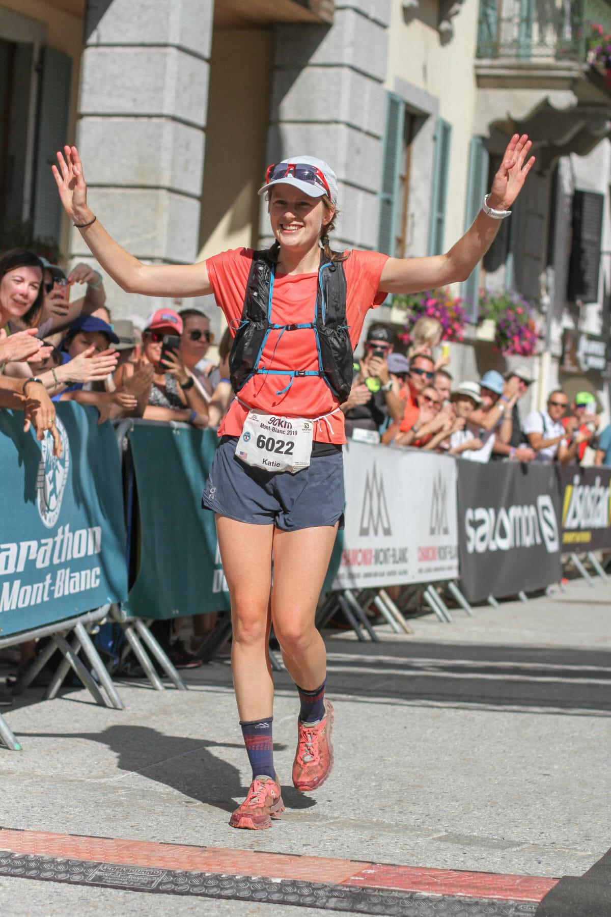 Katie Schide finishing first in the 2019 90k du Mont Blanc (Photo: Chase Willie)
