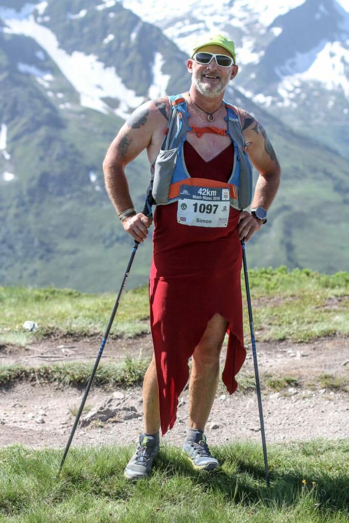 Simon Conroy in his little red dress half way through the 42k du Mont Blanc (Photo: Chase Willie)