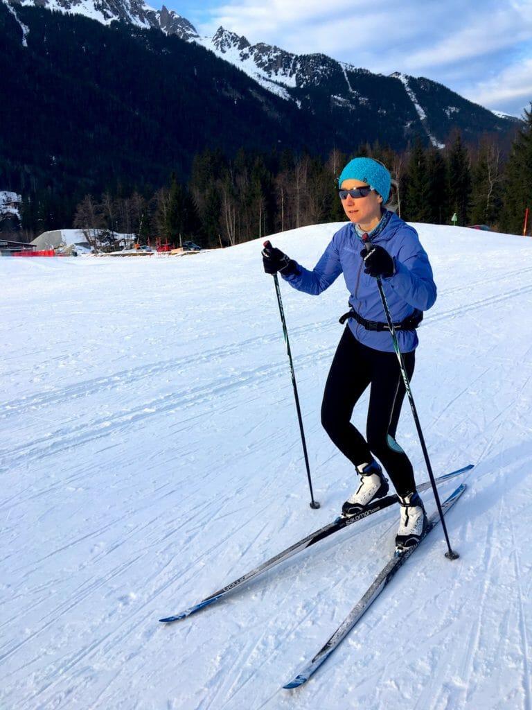 Emily cross country skate skiing on the Chamonix tracks