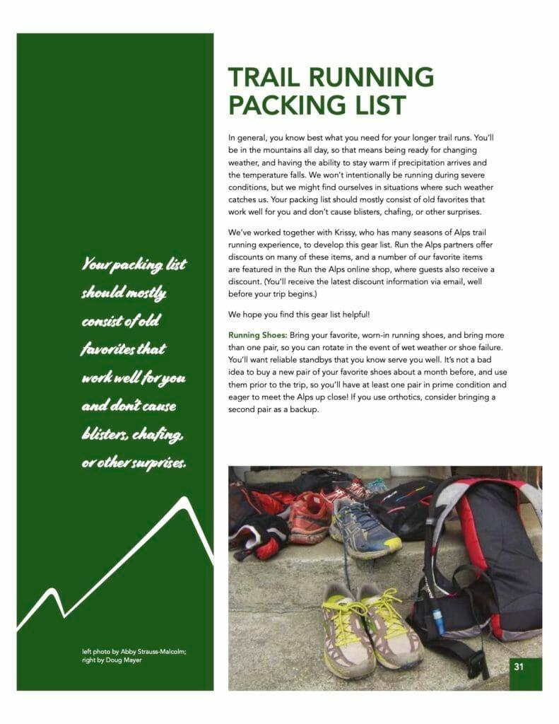 Trail running packing list page in the Run the Alps Guide to Trail Running in the Alps