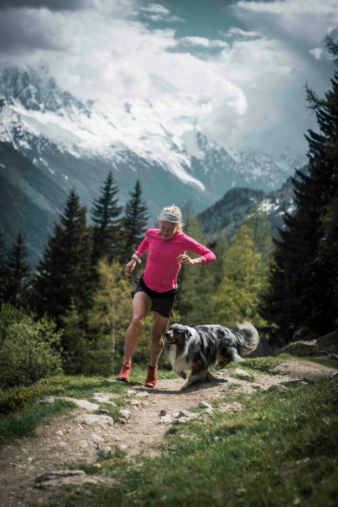 Mimmi Kotka running in Chamonix with her dog
