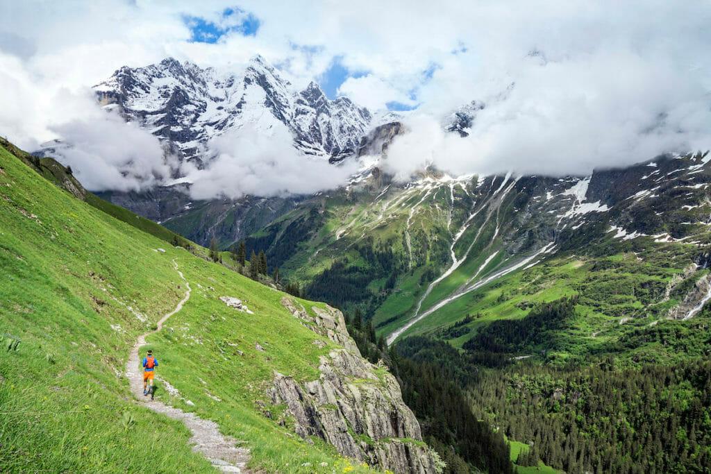 Trail running above the Lauterbrunnen valley, Switzerland