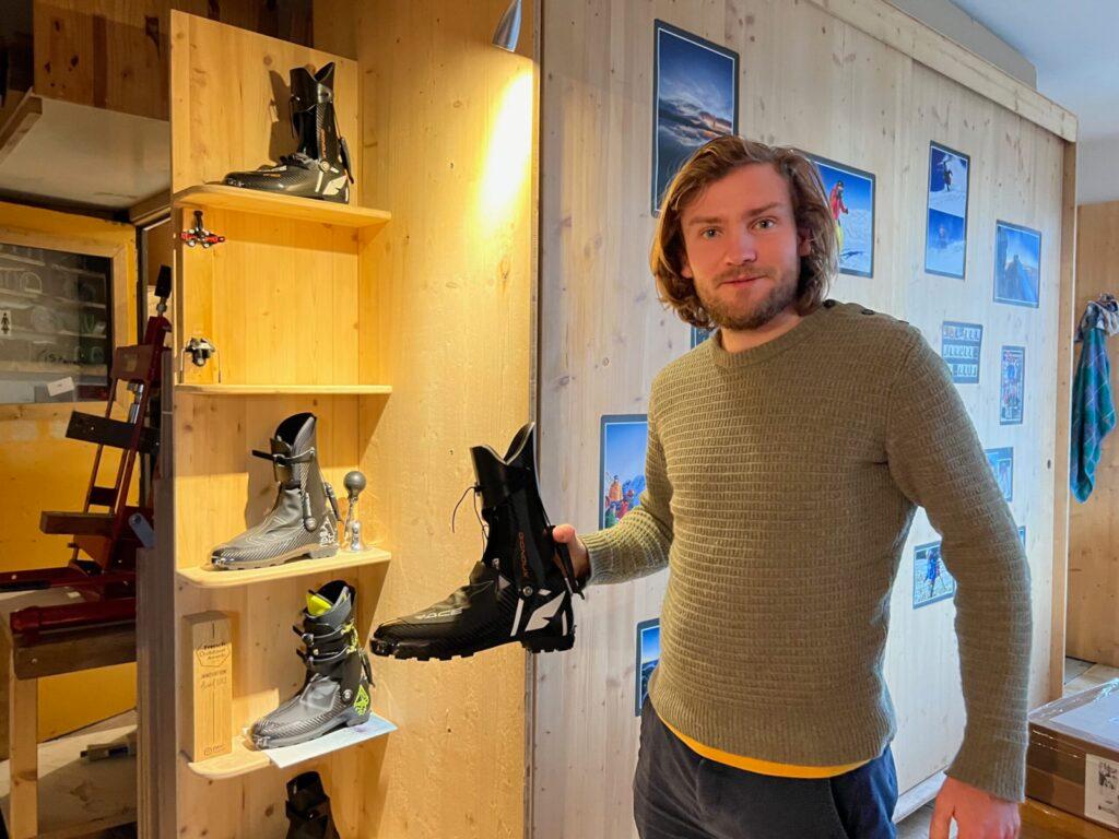 This is very nearly as close as you’ll get to a show room at Pierre Gignoux. Alban Hélies shows off the current line up of boots.