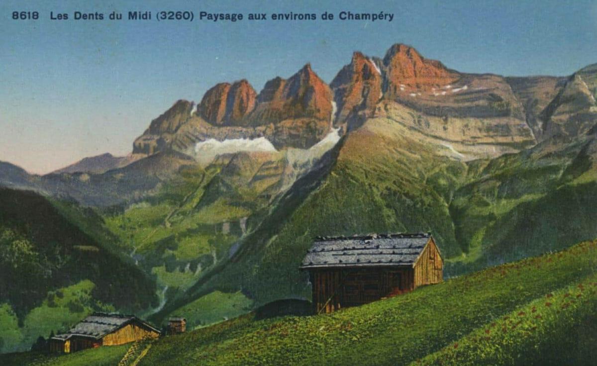 A century old postcard with Les Dents Du Midi (3260) Paysage aux environs de Champéry