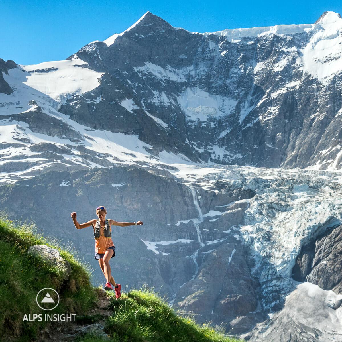 Female trail runner above Grindelwald