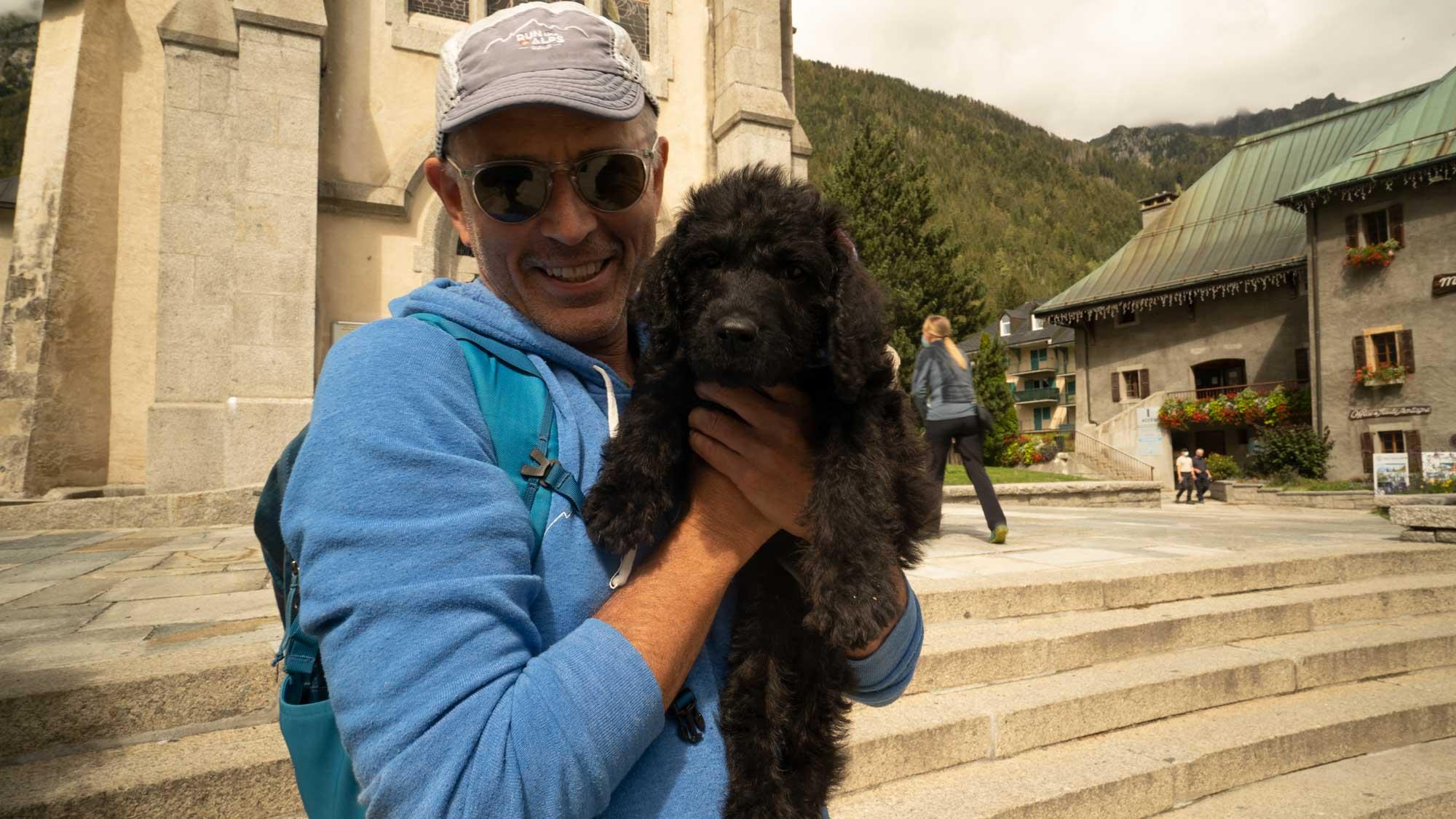Doug and Izzy at the steps of the church in Chamonix