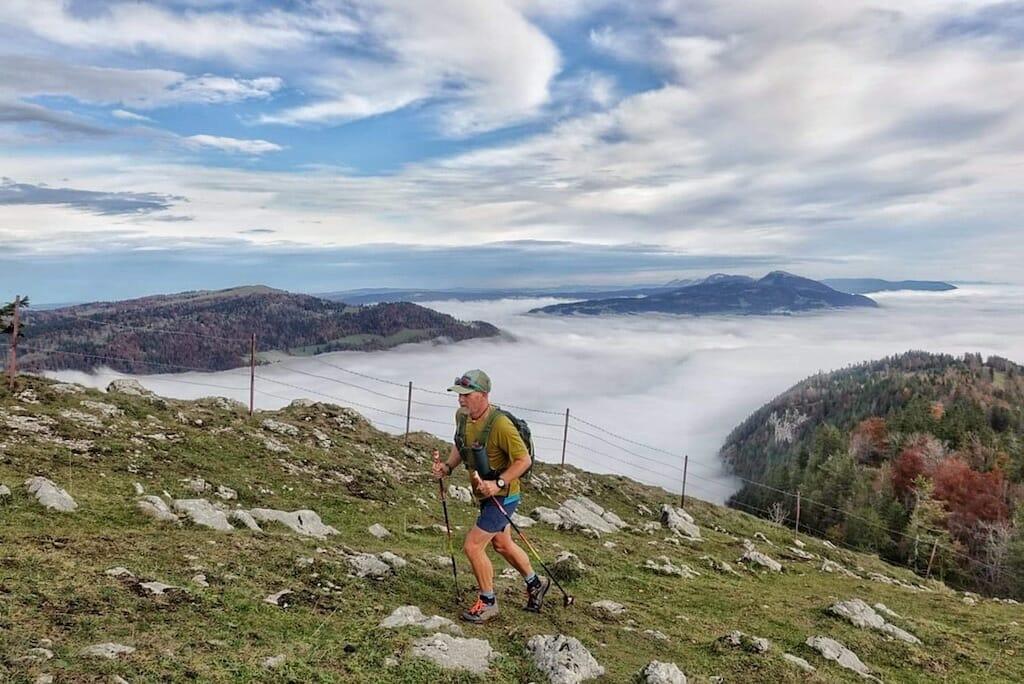 Run the Alps guide, Gary Daines, above the clouds in the Jura, Switzerland