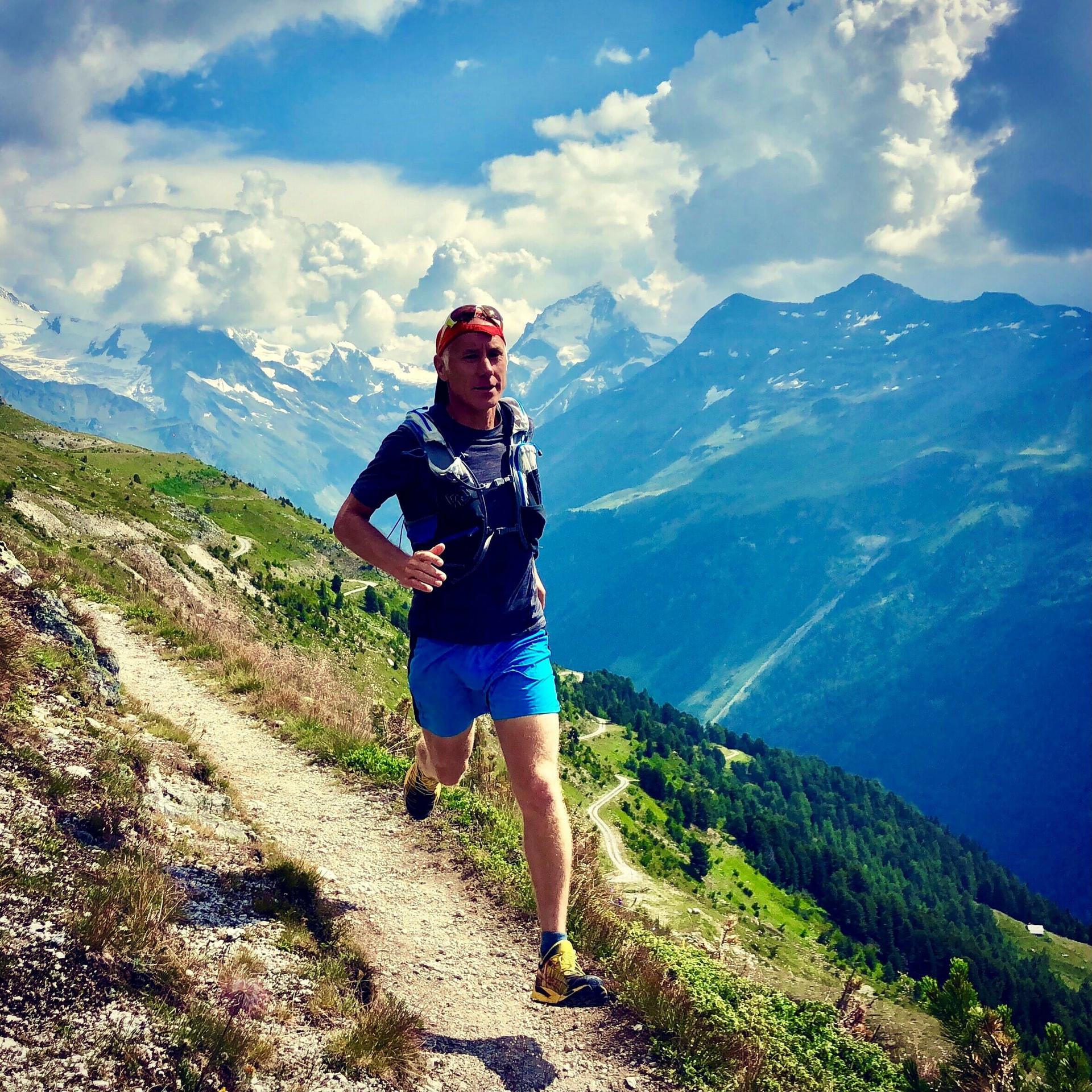 Run the Alps guide, Giles, on the Sierre-Zinal course in Valais, Switzerland
