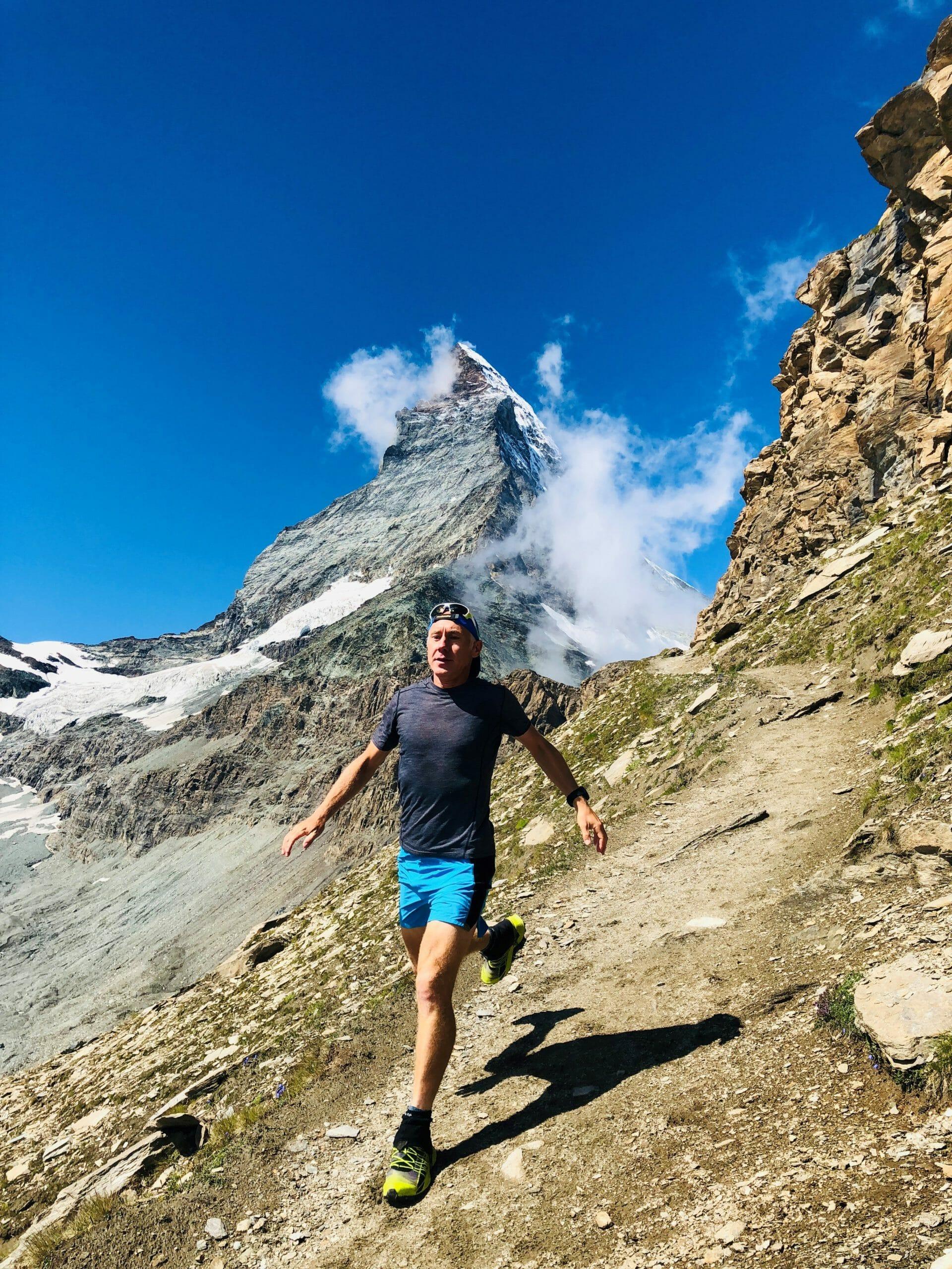 Run the Alps guide, Giles, running close to the Matterhorn, above Zermatt, Switzerland