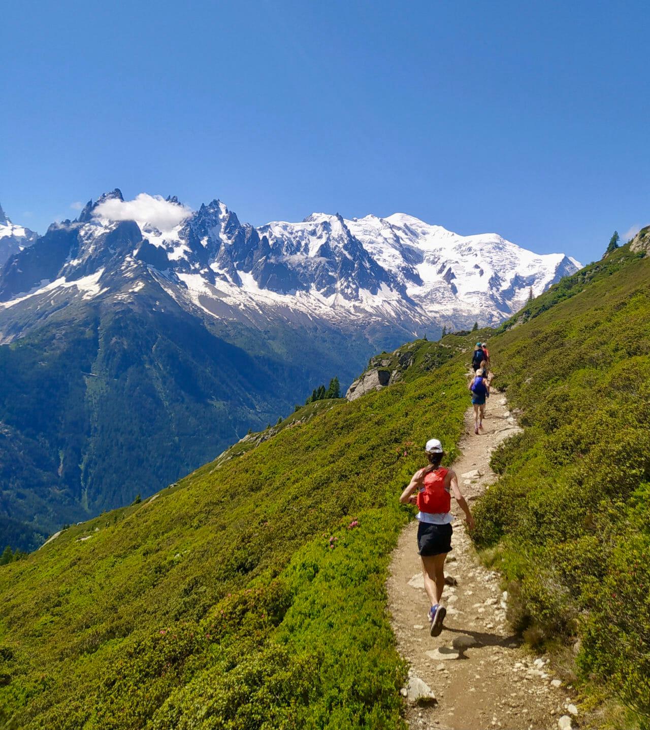 Trail runners from the back on a single trail through a pasture in the Alps with snowy mountains in the background