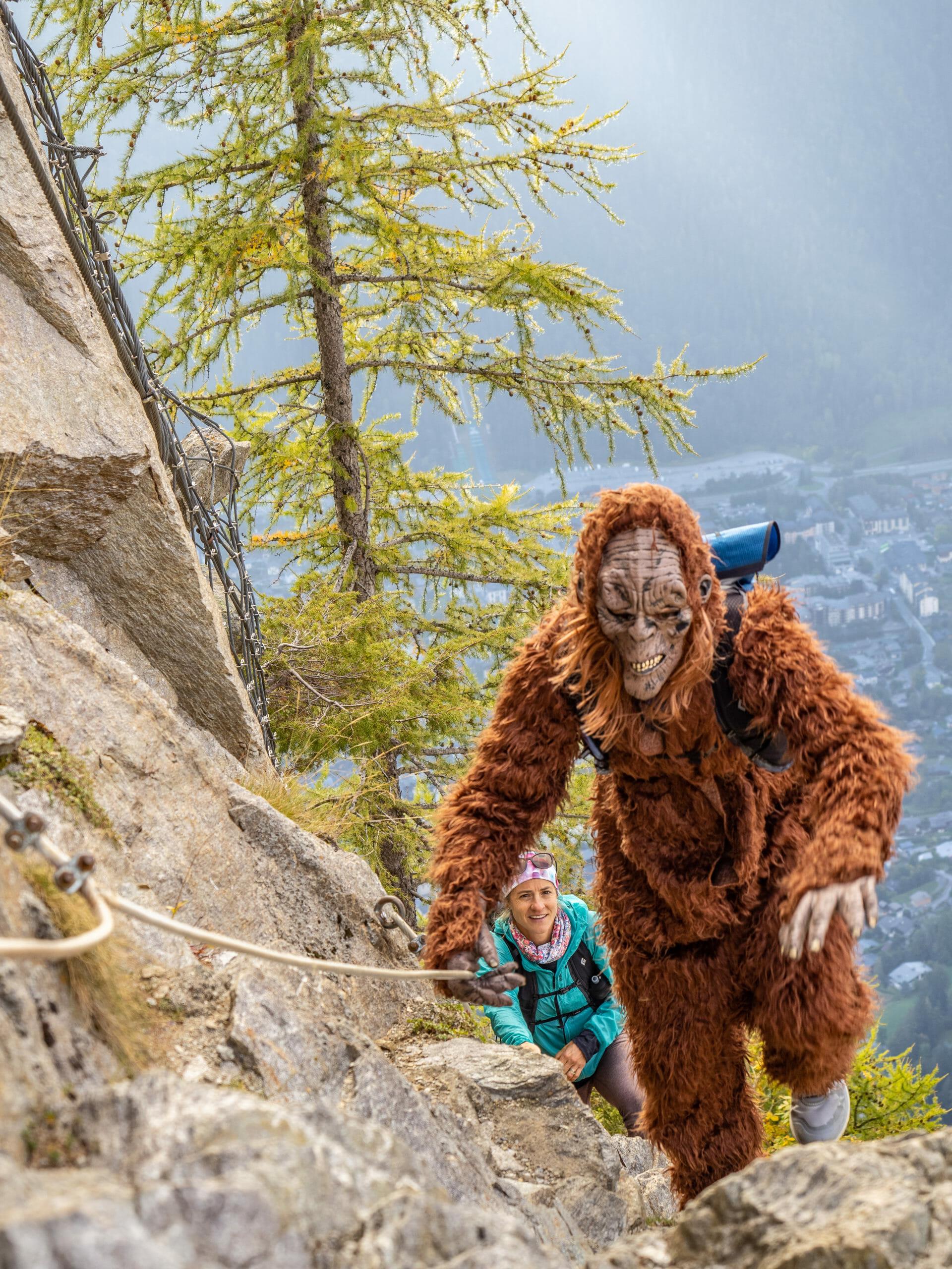 Bigfoot and Hillary Geraldi holding a rope on the vertical kilometer in Chamonix