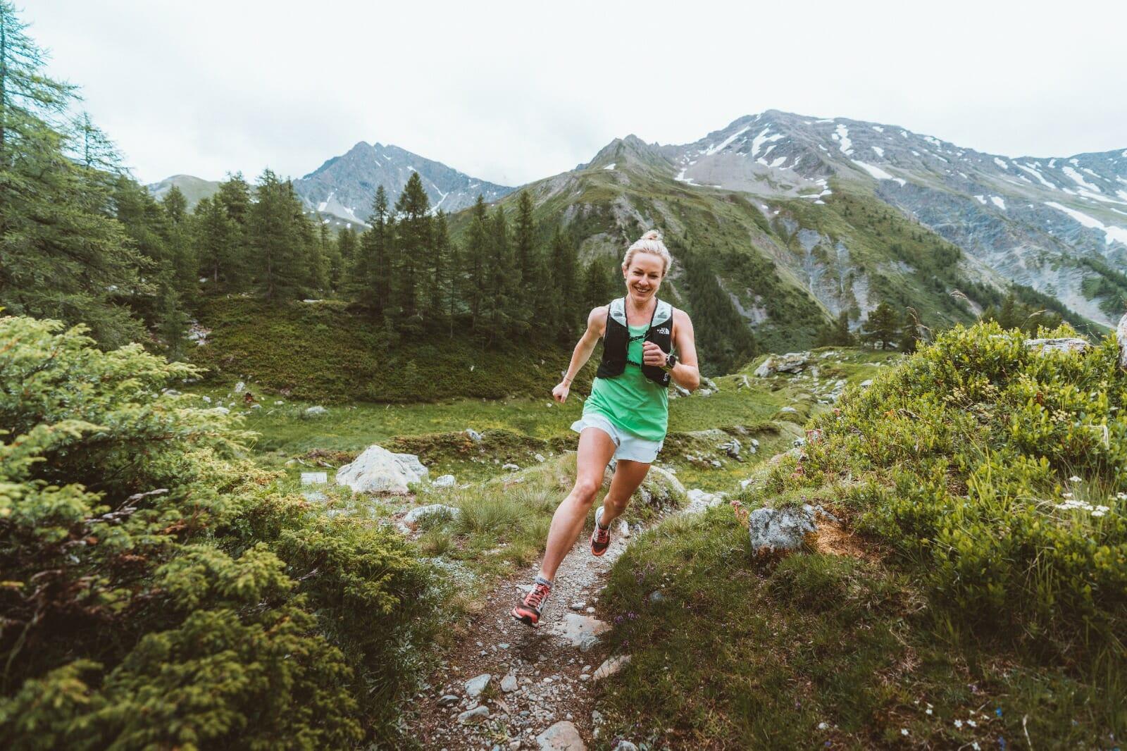 Meg Mackenzie running in Chamonix, France.