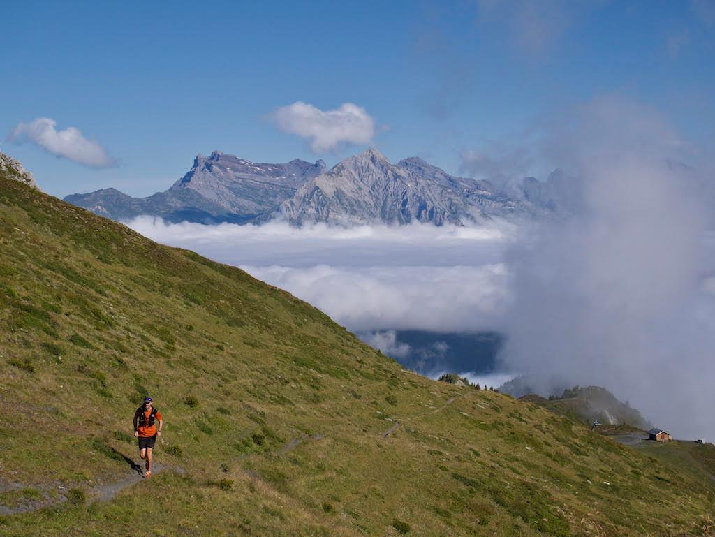 Sandy Miller running at the Col de Chargerat in the Verbier - St Bernard region of Valais, Switzerland