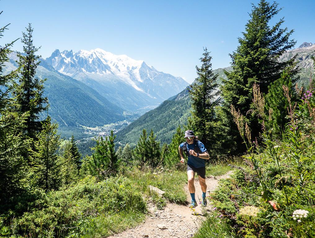 Run the Alps guide Alistair Crompton, running up towards the Col des Posettes, with Mont Blanc in the background